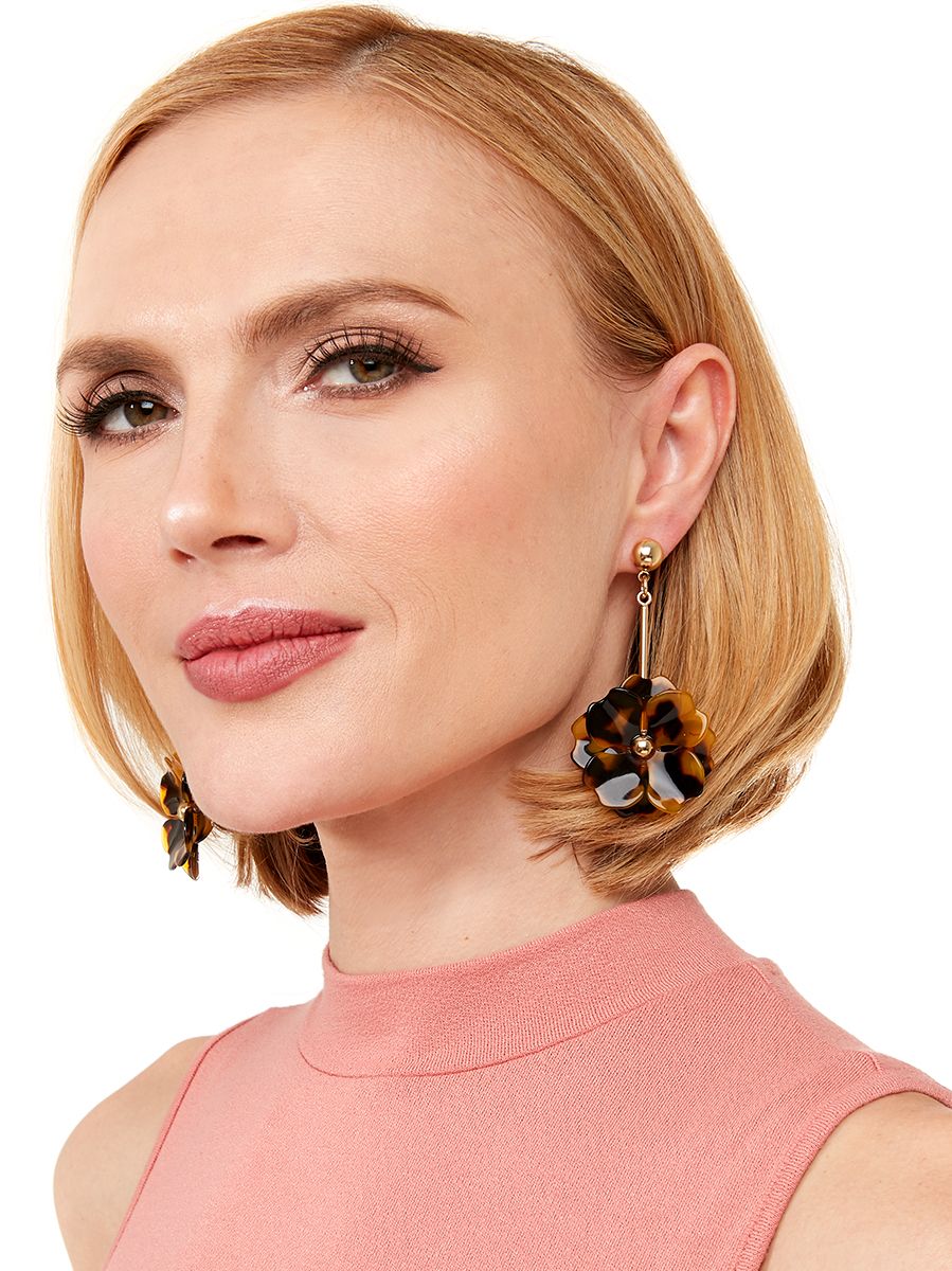 Flower Drop Earrings in Tortoise Print - Modern Angles Style and Class