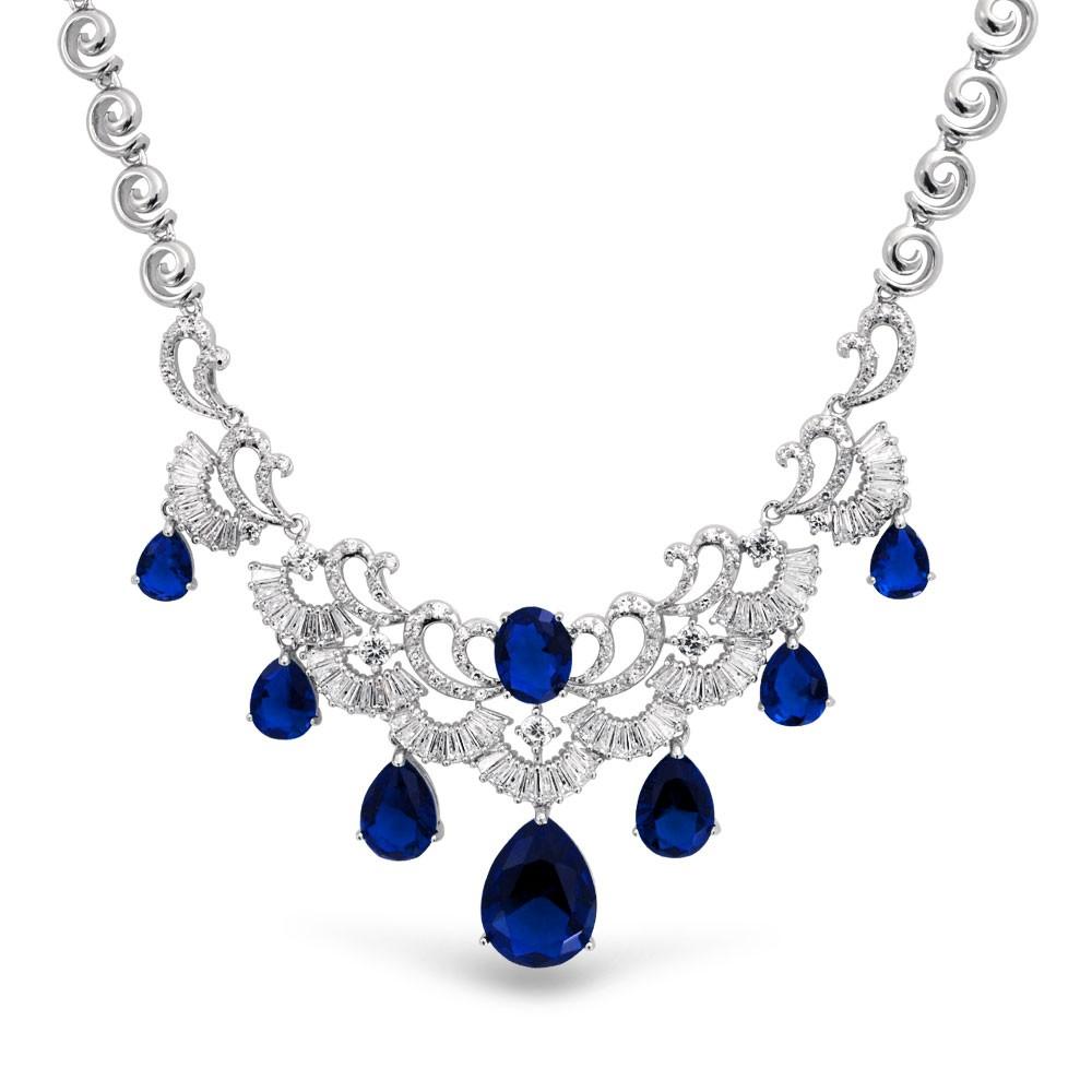 Blue CZ Simulated Sapphire Statement Necklace Earring Set Silver - Modern Angles Style and Class