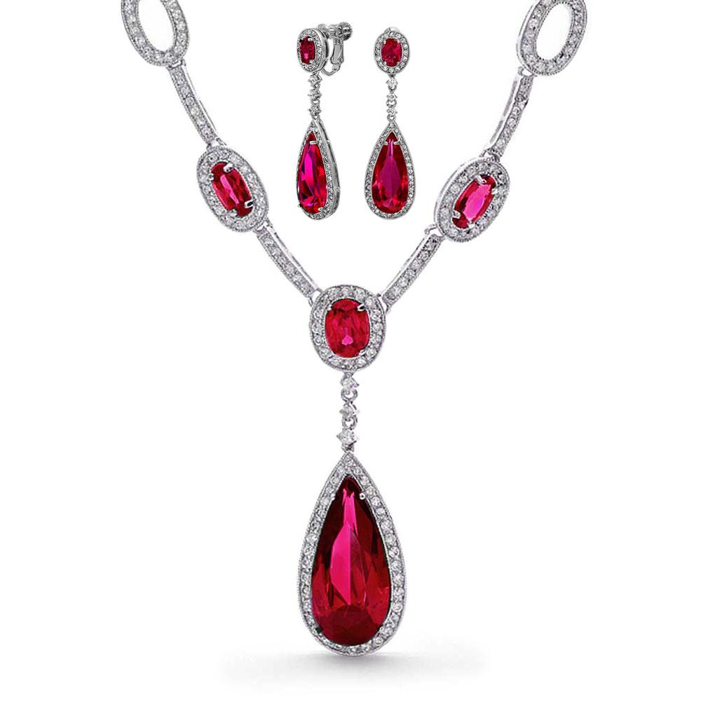 Red CZ Statement Large Teardrop Necklace Clip On Earring Jewelry Set - Modern Angles Style and Class