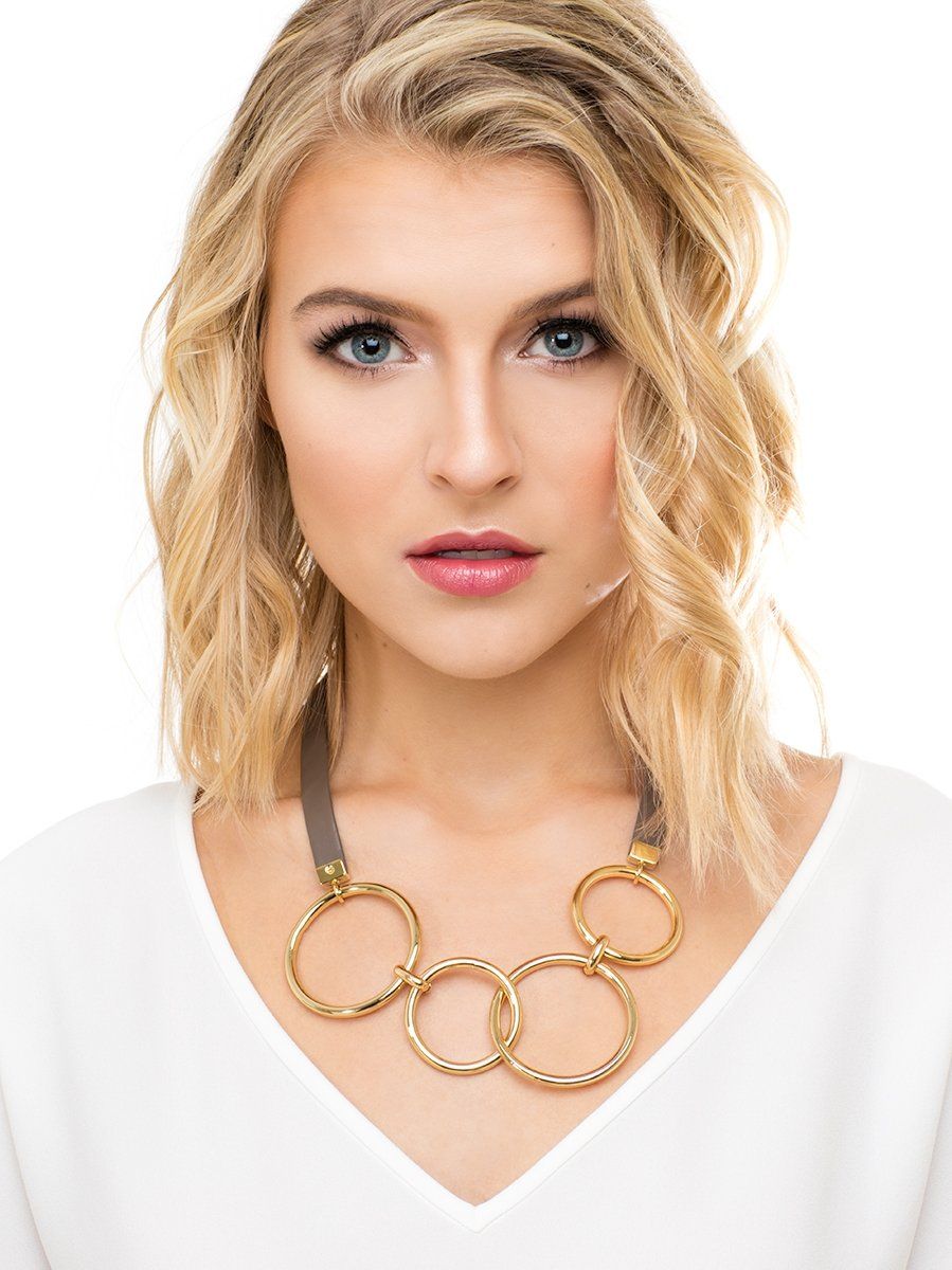 Bib Necklace with Gold Circles and Pink Accents - Modern Angles Style and Class
