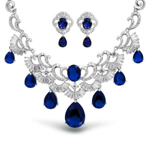 Blue CZ Simulated Sapphire Statement Necklace Earring Set Silver - Modern Angles Style and Class