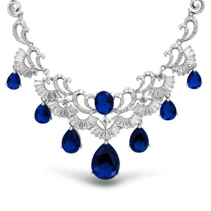 Blue CZ Simulated Sapphire Statement Necklace Earring Set Silver - Modern Angles Style and Class